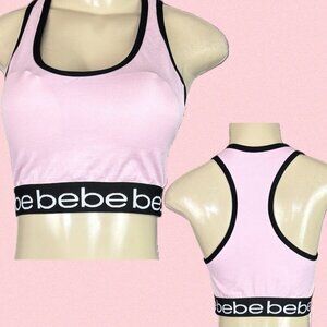 Bebe L Pink Logo Black Trim Removable Pads 4 Way Stretch Racerback Sports Bra